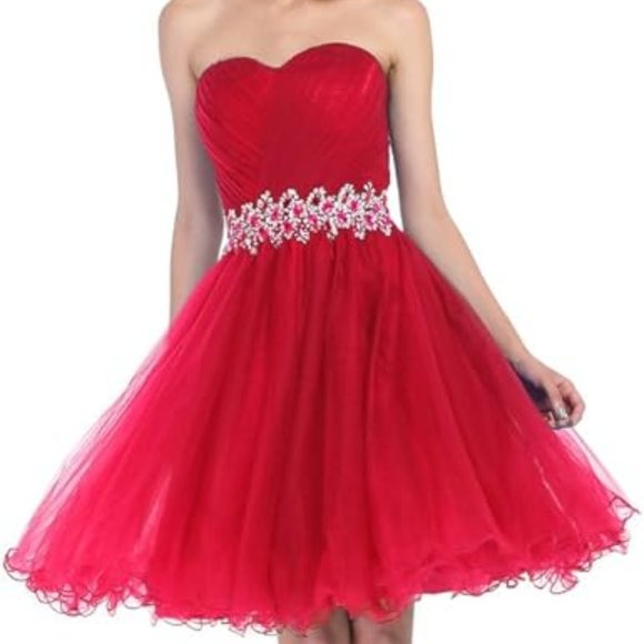 Red A-Line Strapless Sweetheart Corset Back Dress with Beading - Picture 1 of 8